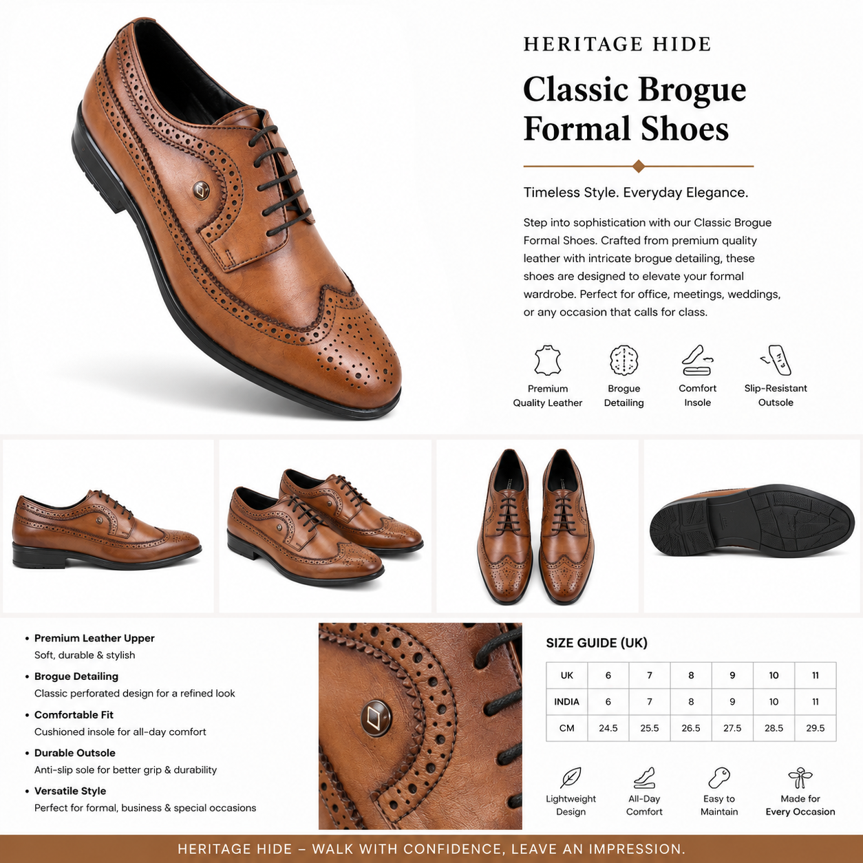 Heritage Hide Classic Brogue Lace-Up Shoes – Tan Brown