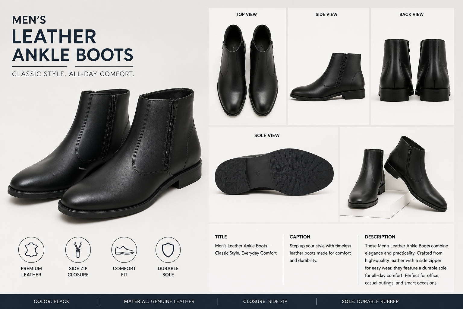 Men's Black Ankle Zip Boots – Classic Formal & Casual Wear