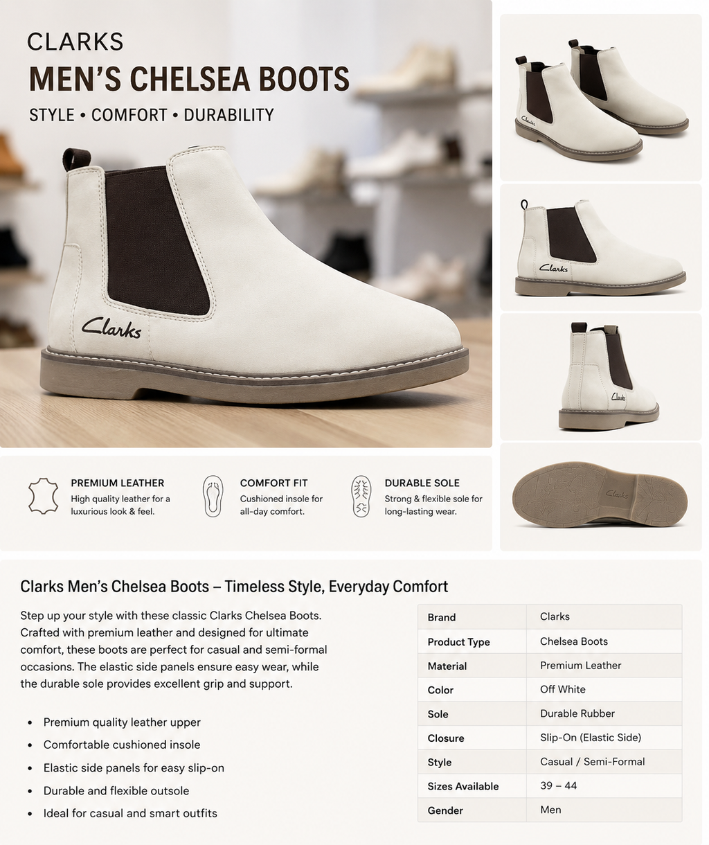 Clarks Men’s Premium Chelsea Boots – Off White