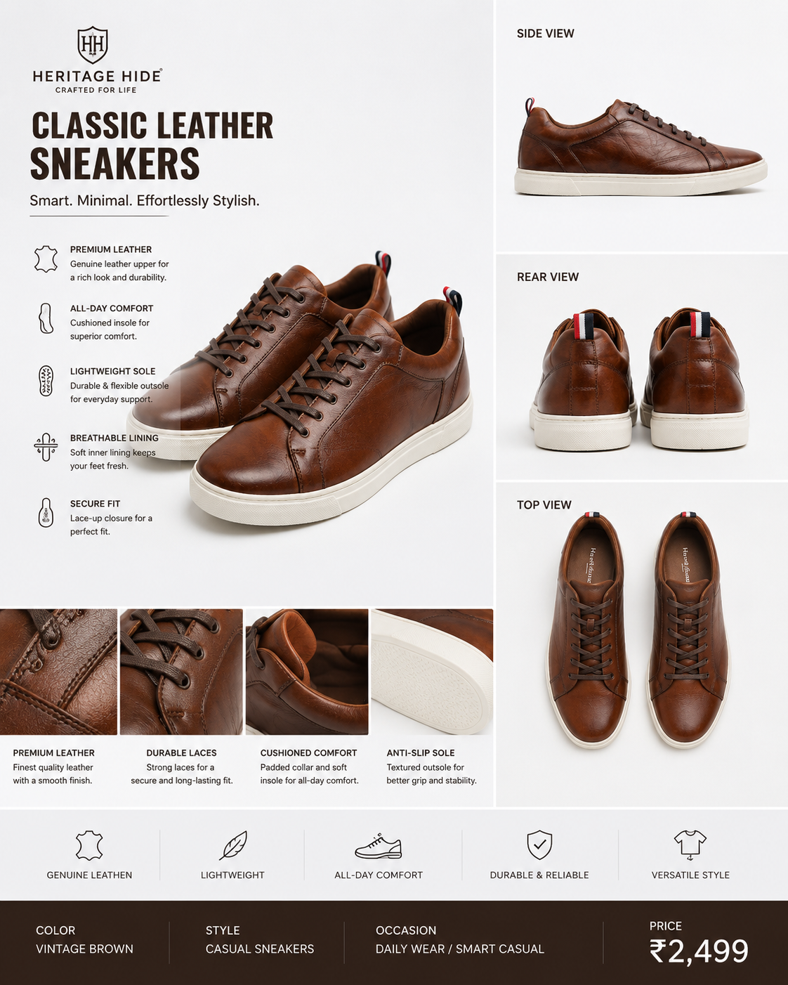 Heritage Hide Classic Leather Sneakers – Vintage Brown